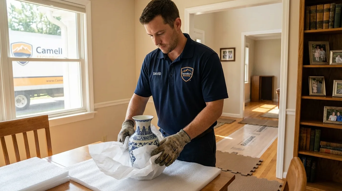 Professional crew carefully wrapping antique vase for senior downsizing move in Fairmont, WV